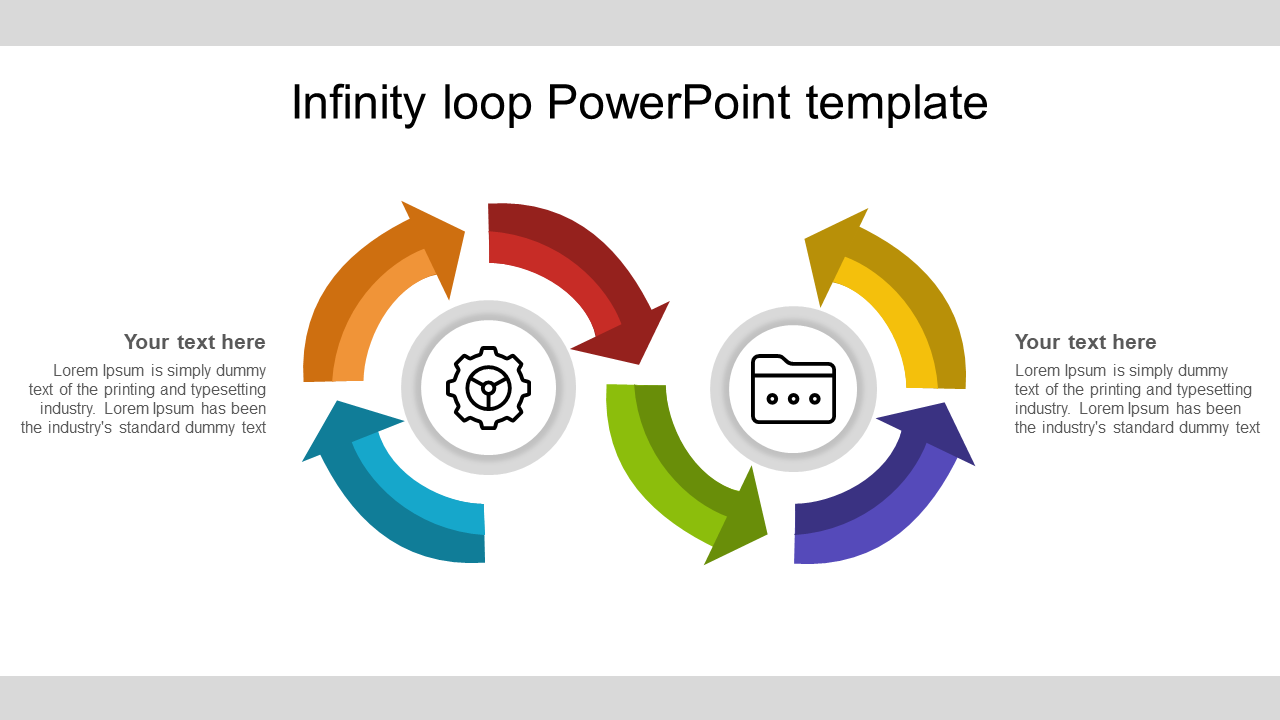 Infinity loop diagram with colorful arrows in blue, orange, red, green, purple, and yellow, featuring two central icons.