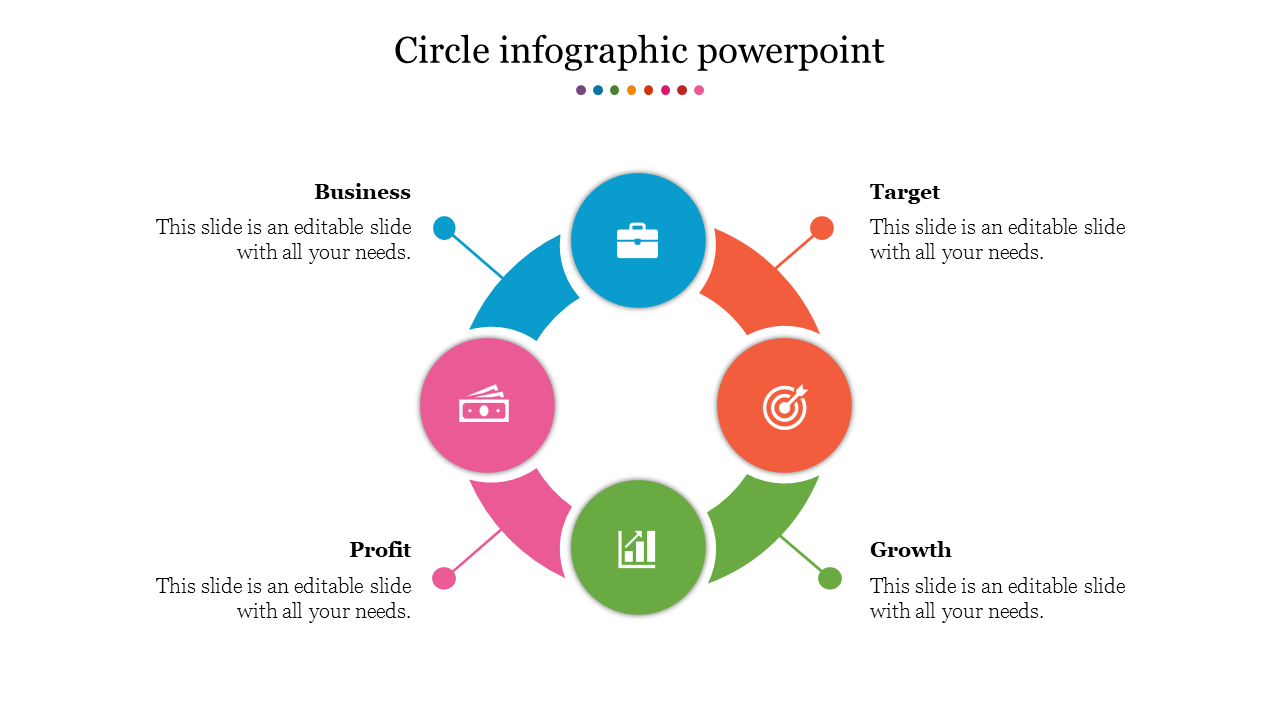 Infographic with a circular design illustrating business, target, profit, and growth using colorful icons and text.