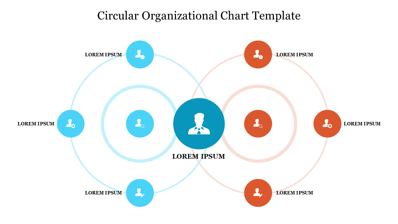 A central blue circle with smaller connected circles in orange and blue, featuring icons of team members and roles.