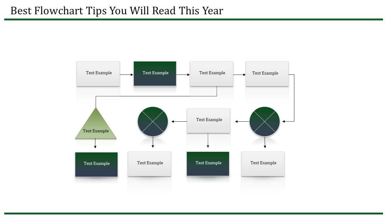 Flowchart PPT slide with various shapes like rectangles, triangles, and circles connected by arrows, with text placeholders.