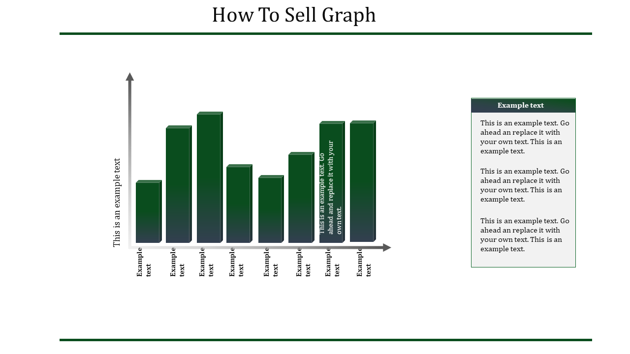 3D bar graph with six green bars of varying heights, labeled placeholders, and a gray sidebar with text blocks.