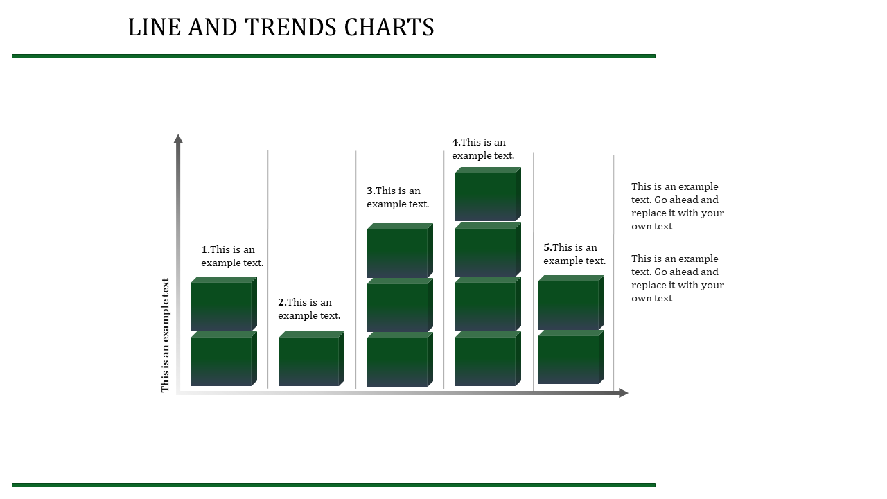 Slide with line and trends charts, showing five columns of data with placeholder text for each chart segment.