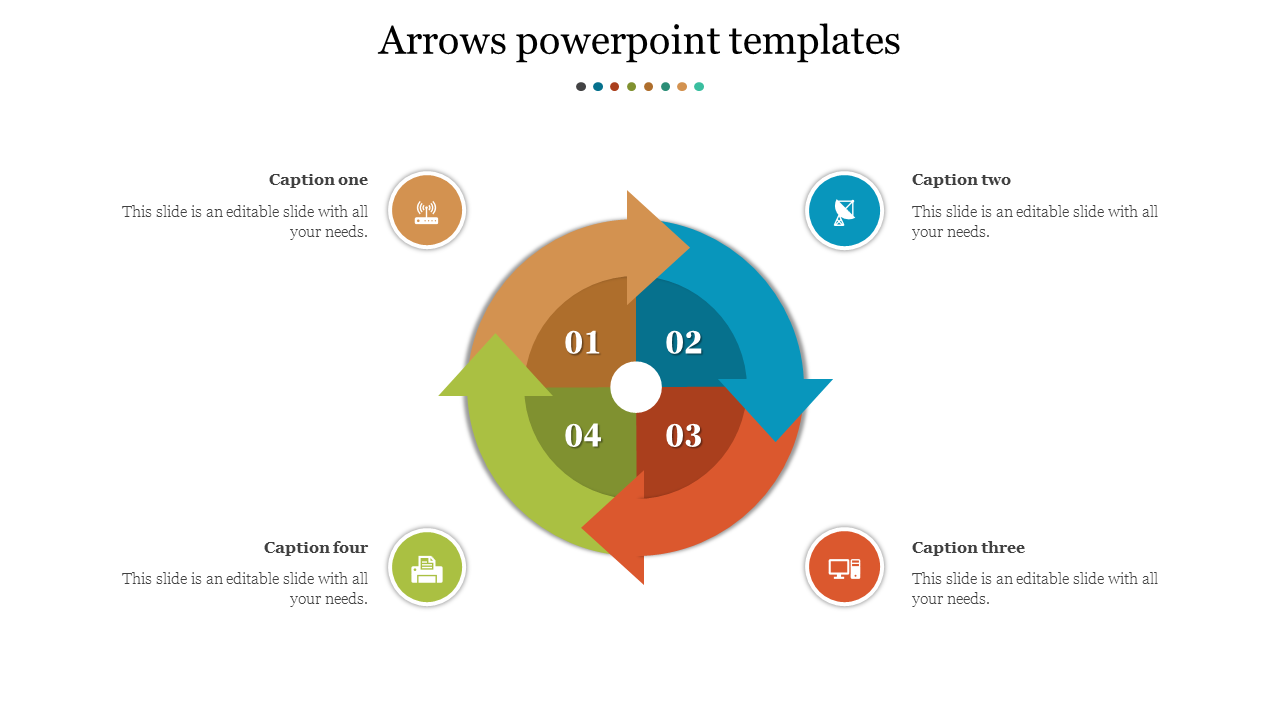 Circular arrow PowerPoint template with four colorful segments, each numbered and pointing in a clockwise direction.