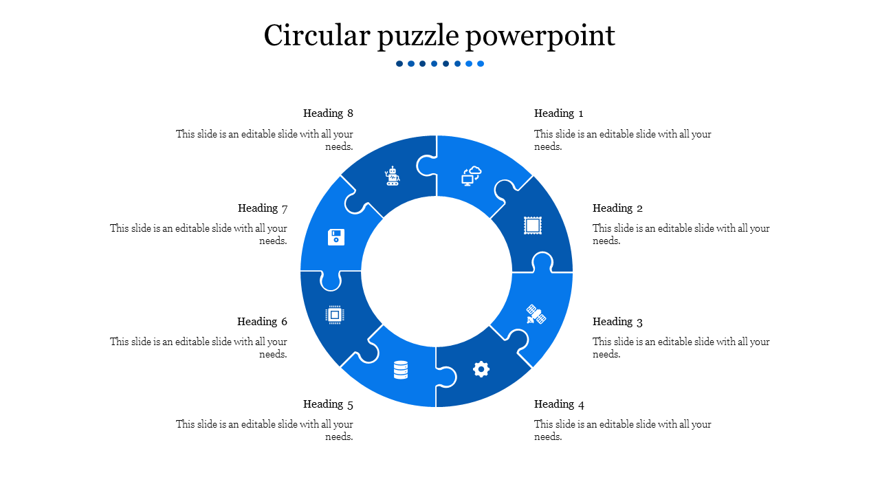 Blue circular puzzle PPT template with eight sections, each labeled with headings and icons representing various concepts.