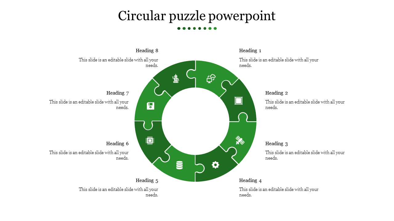 Circular puzzle diagram in green, with eight sections, each containing an icon and a heading for text.