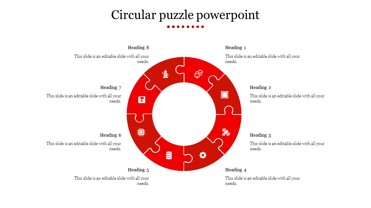 Red circular puzzle diagram with eight sections, each labeled with headings and icons for various concepts.