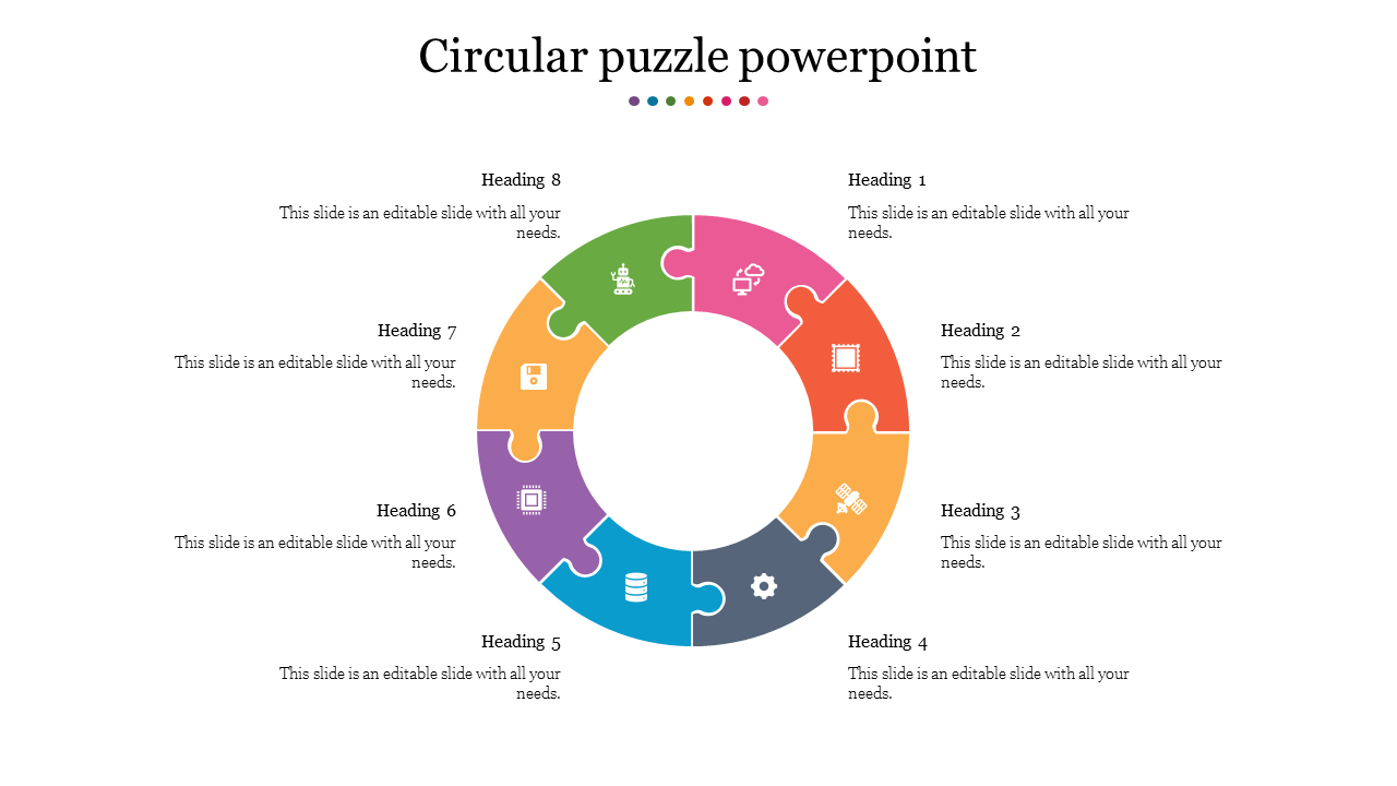 Circular puzzle diagram with eight colored segments, each representing a different heading, surrounding a central space.