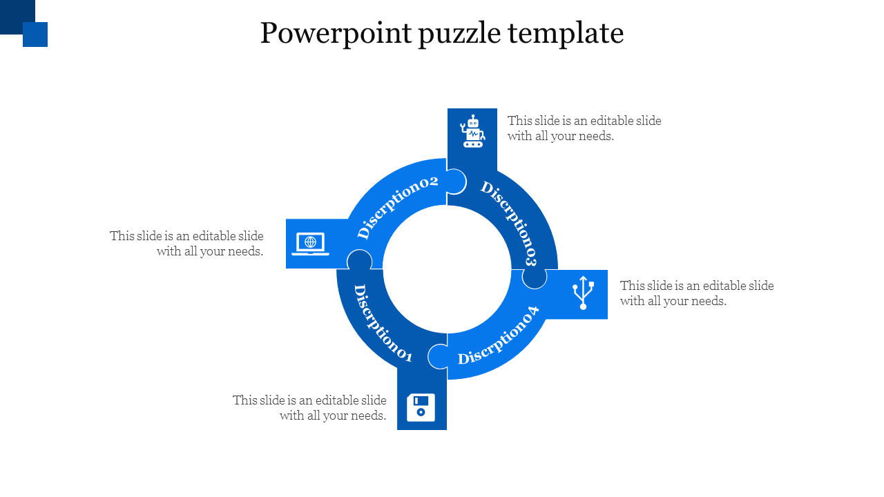 Circular flowchart in blue with four puzzle sections, each containing an icon and labeled descriptions.