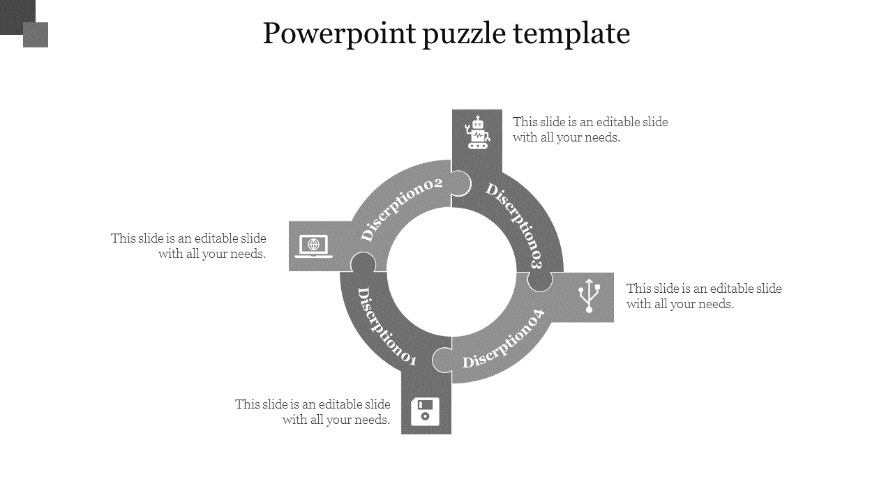 Circular grey puzzle PPT template featuring four sections, each with an icon and description.