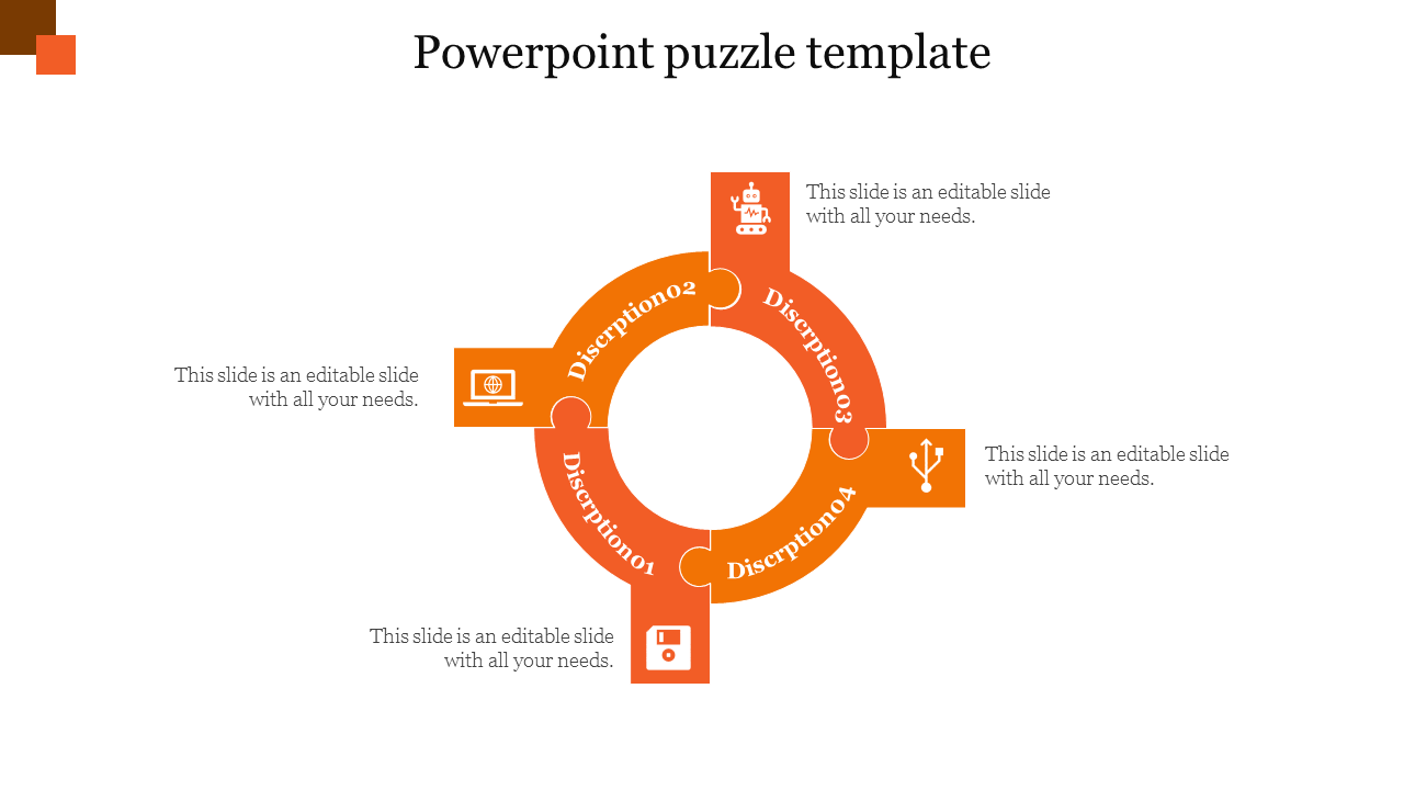 Orange circular diagram with four puzzle pieces, each with an icon and description for text input.