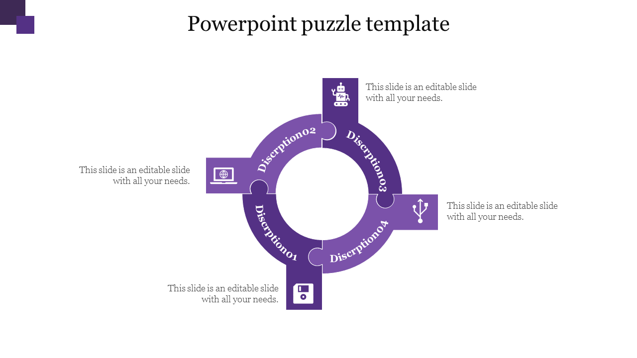 Circular purple puzzle PPT template featuring four sections, each with an icon and description.