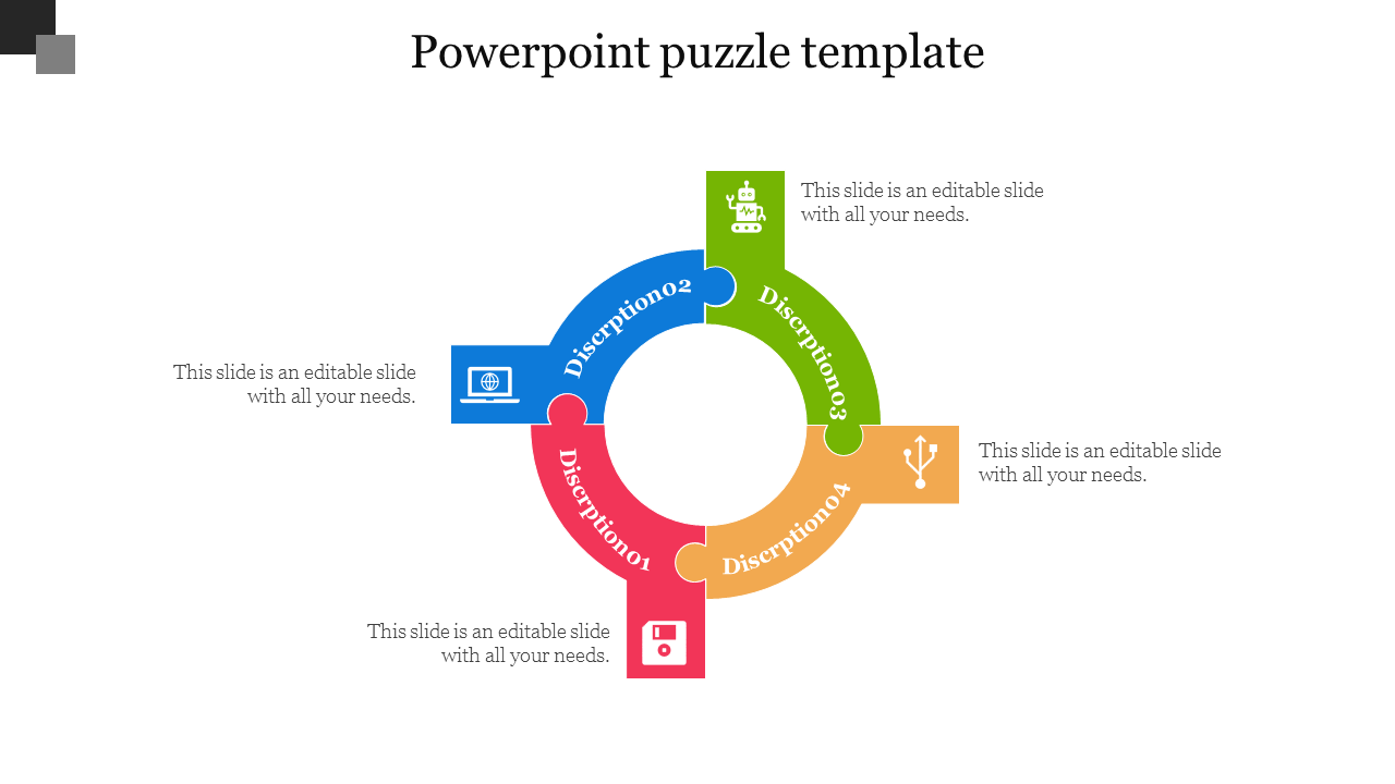 Circular puzzle slide with four colored segments in red, blue, green, and orange, each linked to an icon and description.