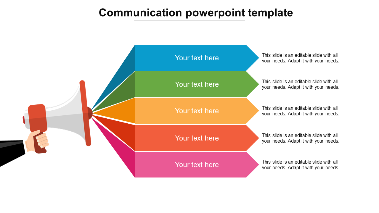 Communication themed slide with a megaphone and five colorful text boxes with text area.