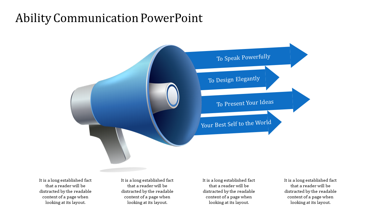 Slide featuring a megaphone with arrows labeled with communication goals like speaking powerfully and presenting ideas.