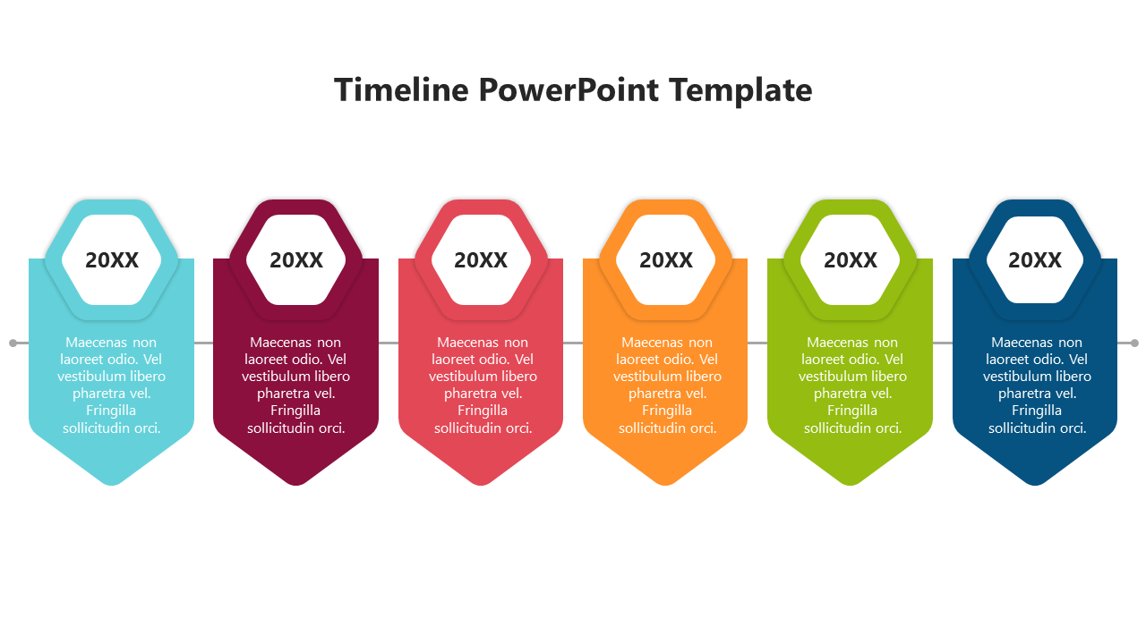 Linear timeline with hexagonal labels and text boxes, showcasing six vibrant segments from teal to navy blue.