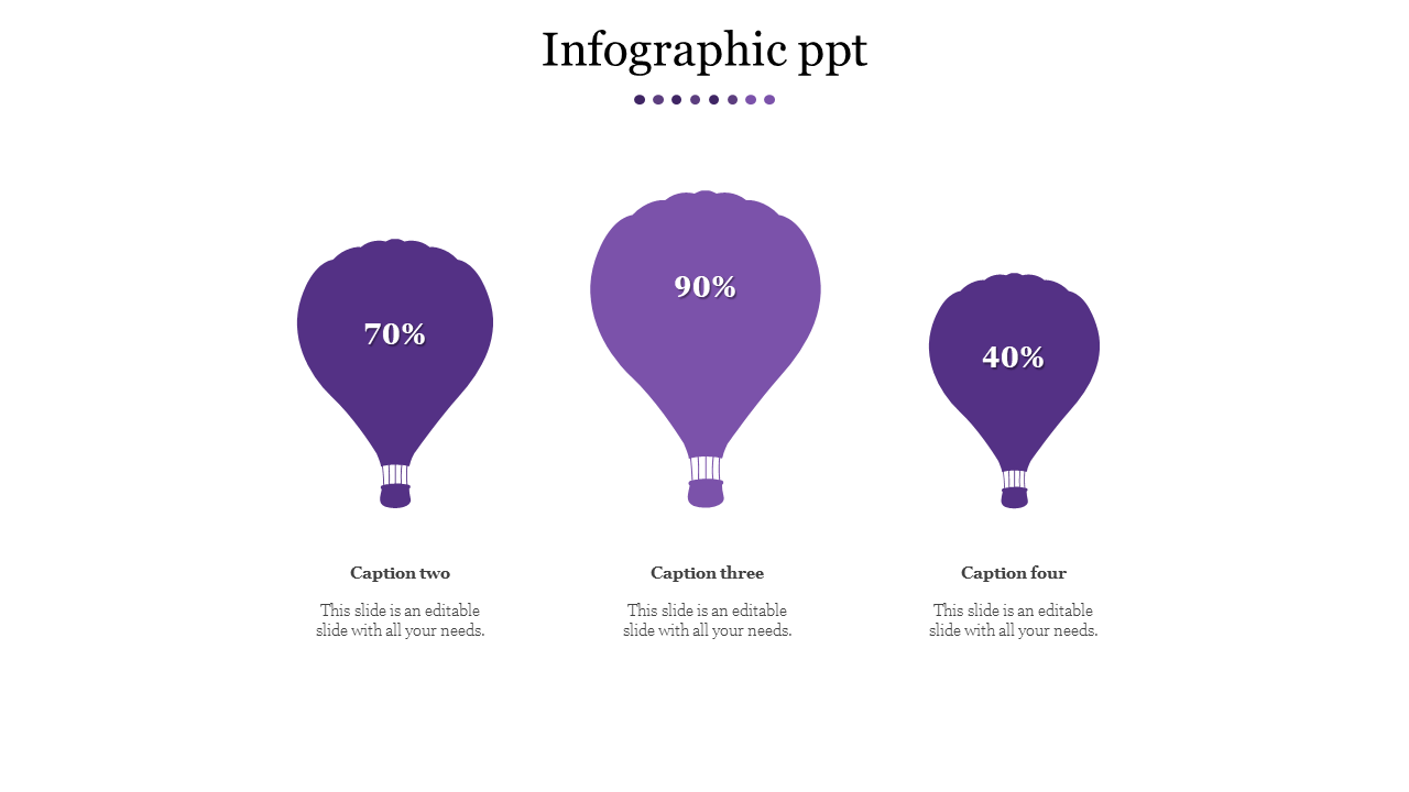 Infographic PowerPoint template with three purple hot air balloons displaying percentages with captions.