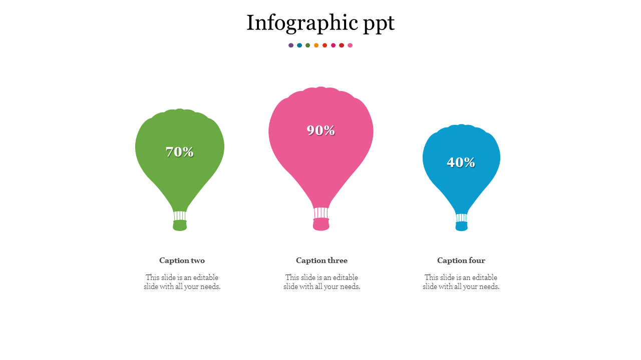 Three colorful hot air balloons in green, pink, and blue, with percentage values and captions below.