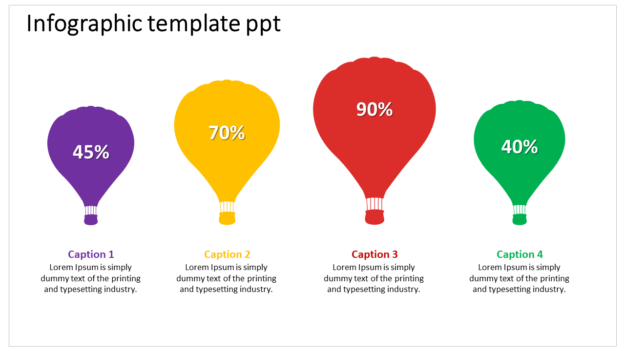 Infographic with four balloons in varying colors and sizes, showing percentages and caption areas aligned below each graphic.