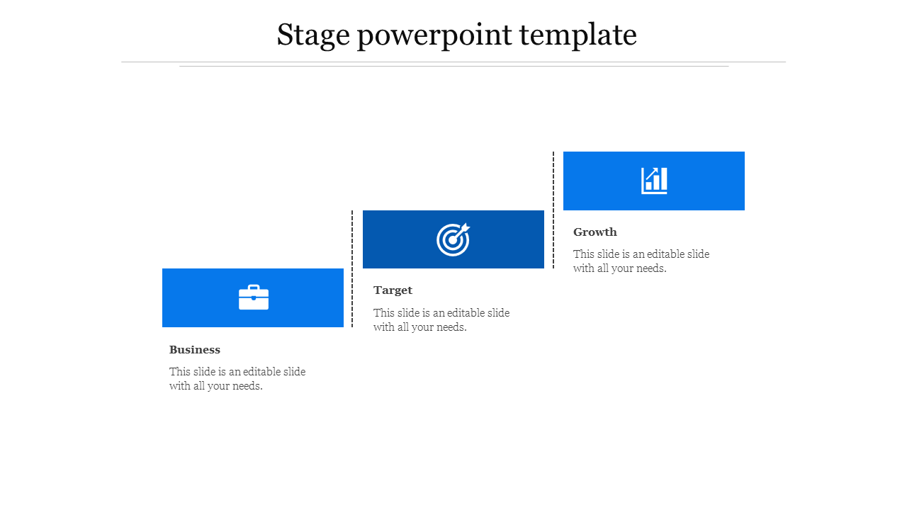 Three-stage process template with blue icons for business, target, and growth, arranged sequentially.