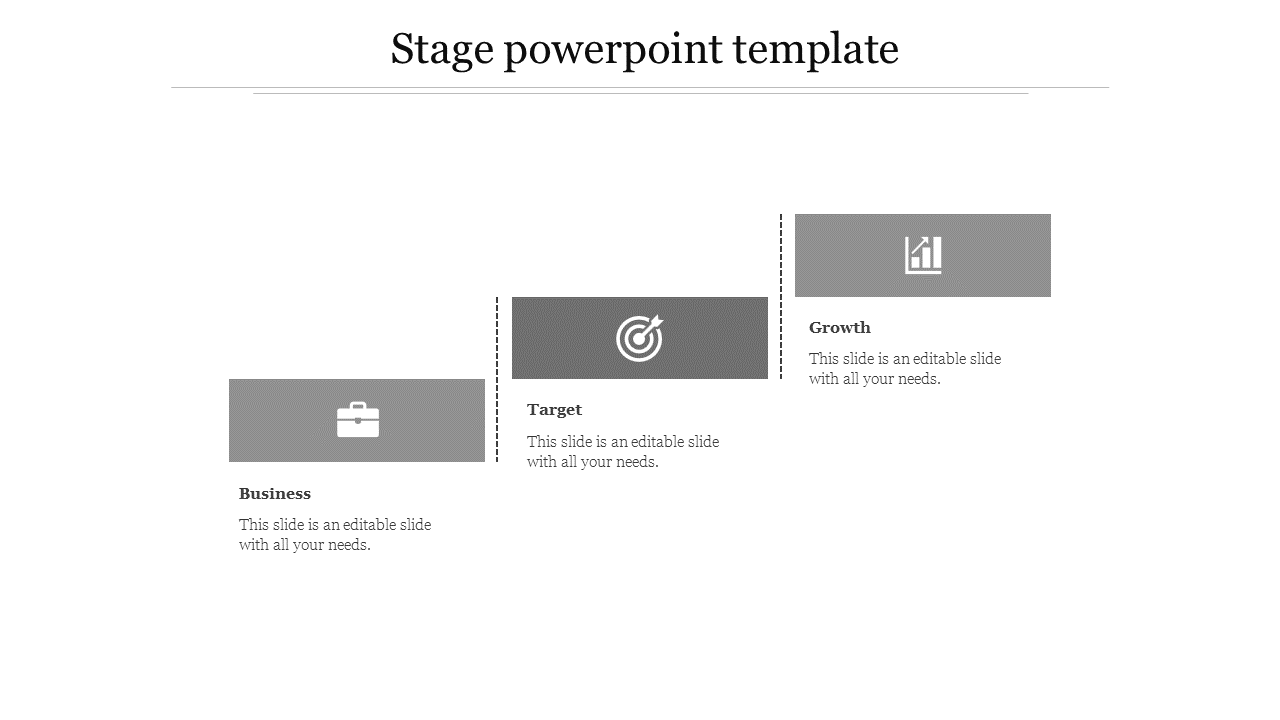 Stage themed PowerPoint slide with sections labeled from business to growth each accompanied by icons and text.