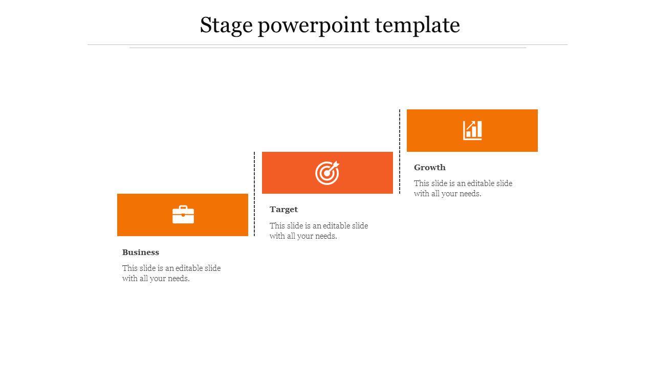 Stage PowerPoint template with three sections business, target, and growth, each with relevant orange icons.