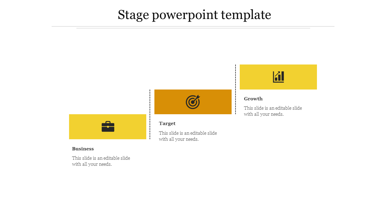 A staged progression chart featuring three yellow rectangles with black icons and text placeholders below.