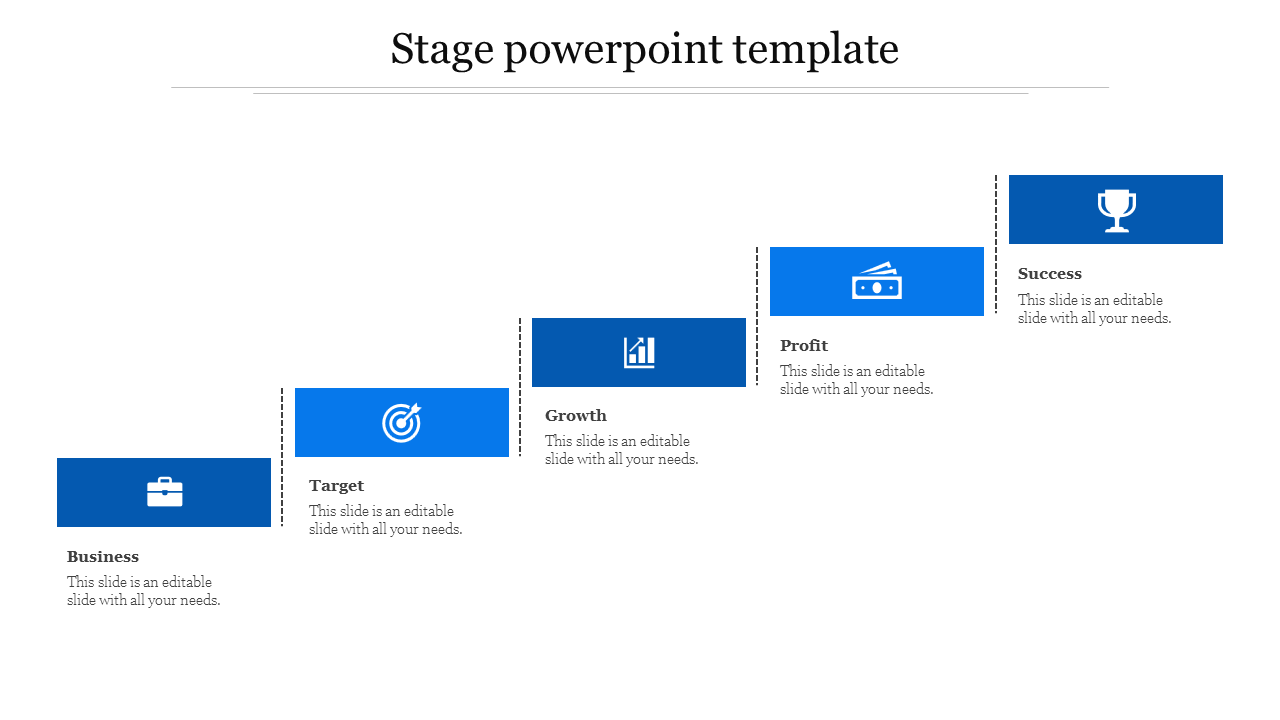 Stage PPT slide showing five sections business, target, growth, profit, and success, each with relevant blue icons.