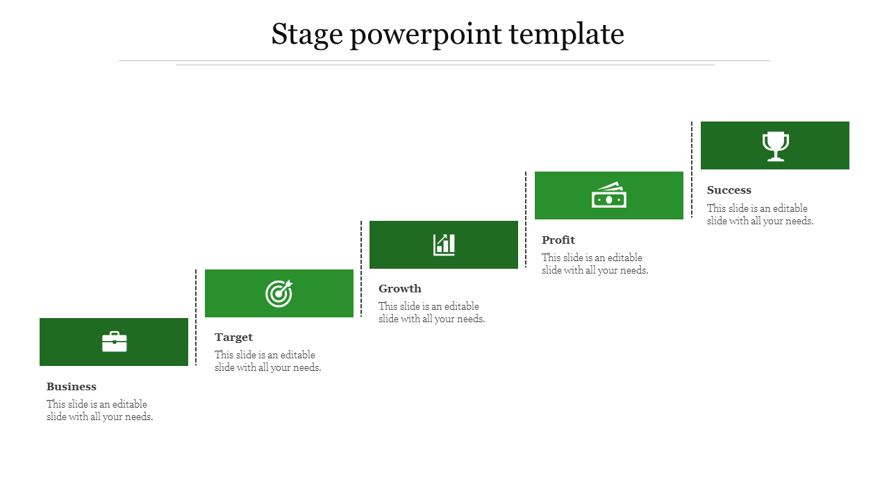 Five green rectangular sections with icons inside, aligned horizontally with dashed lines between them.