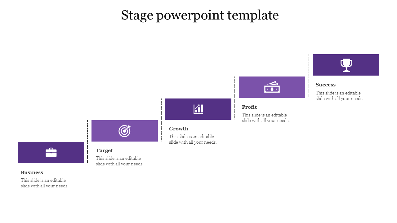 Five purple steps in a staircase layout with icons representing business stages, on a white background.