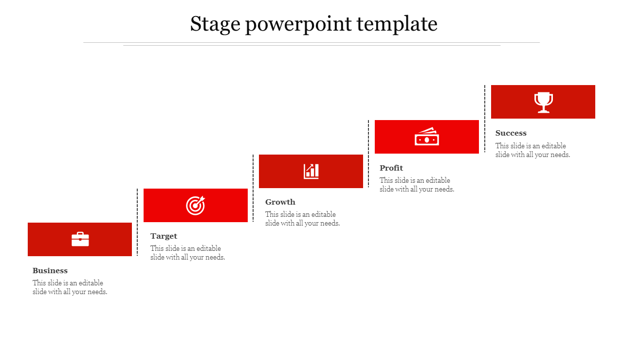 Five red-themed stages in a ladder design, each stage with an icon representing a business milestone.