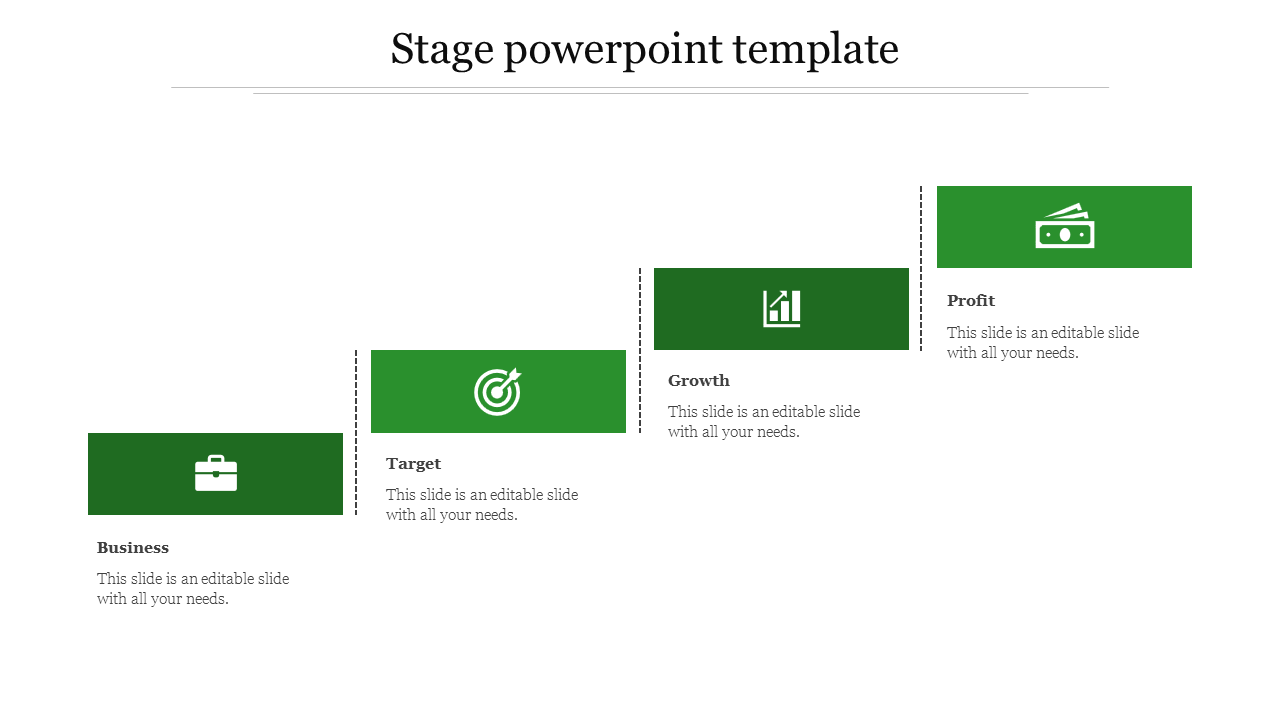 Stage PowerPoint template with four sections from business, target, growth, and profit, each with relevant green icons.