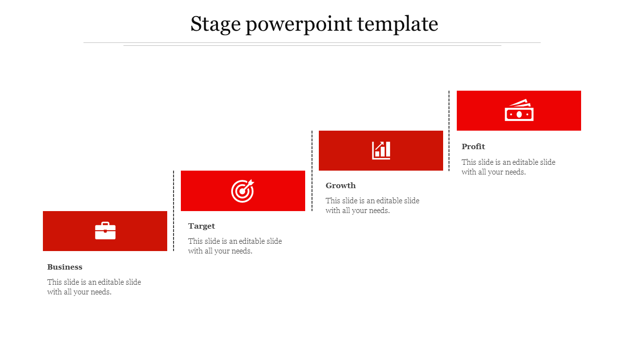 Stage PowerPoint template with four sections from business, target, growth, and profit, each with relevant red icons.