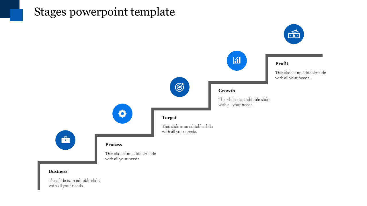 Staircase themed slide with five blue icons and gray steps, featuring a minimalist design for presentations.