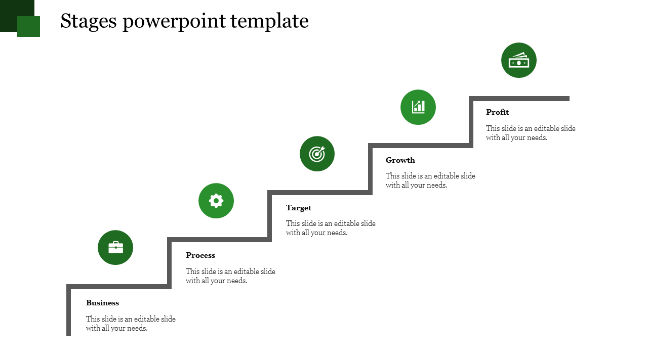 Stages PPT slide with steps labeled from business to profit, each with a corresponding green icon and placeholder text.