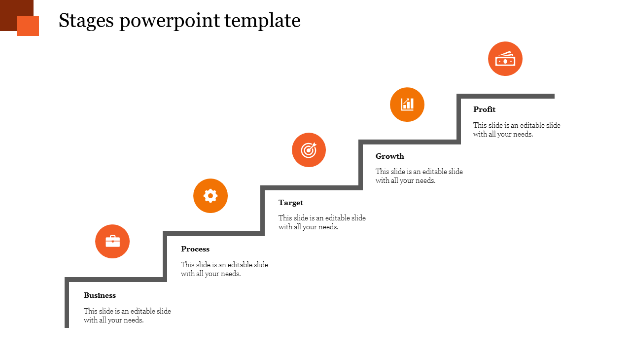 Stage progression template with five steps depicted in a staircase format with orange circular icons.