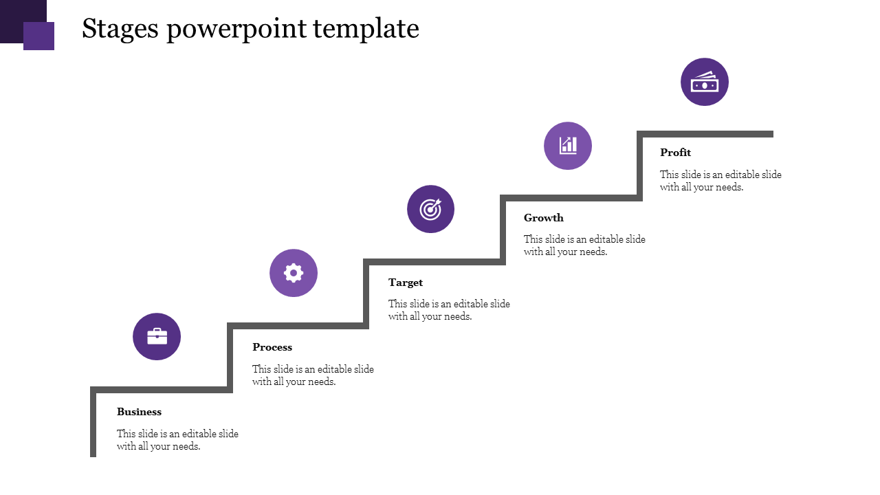 Slide with a stair step structure, featuring five purple icons, and a modern gray layout for business related content.