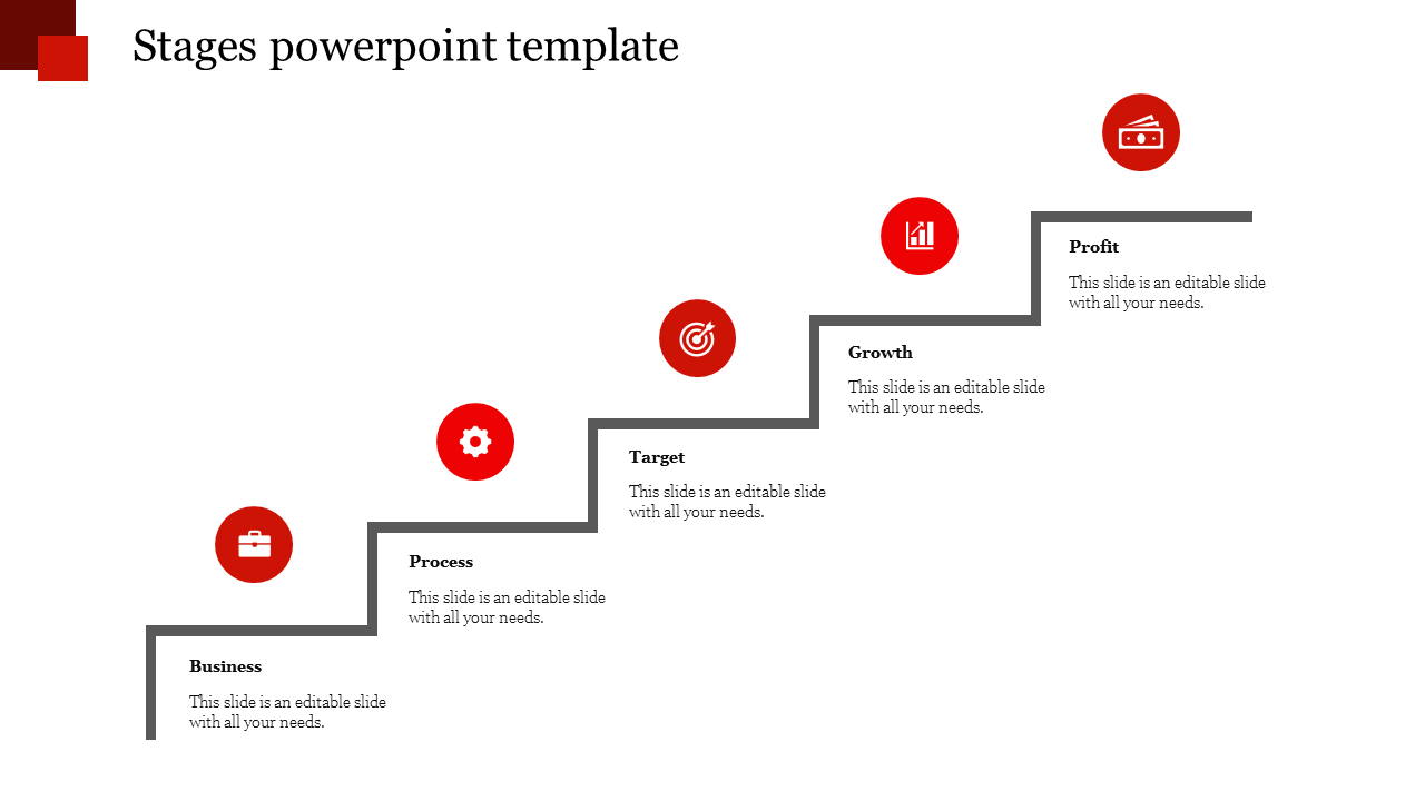 A staircase with five steps labeled from business to profit with each having an icon and placeholder text.