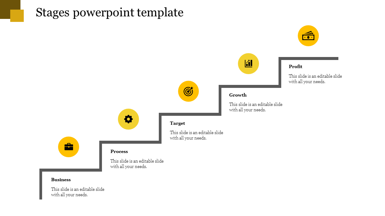 Stages PowerPoint slide featuring a step by step process with icons from business, process, target, growth, and profit.