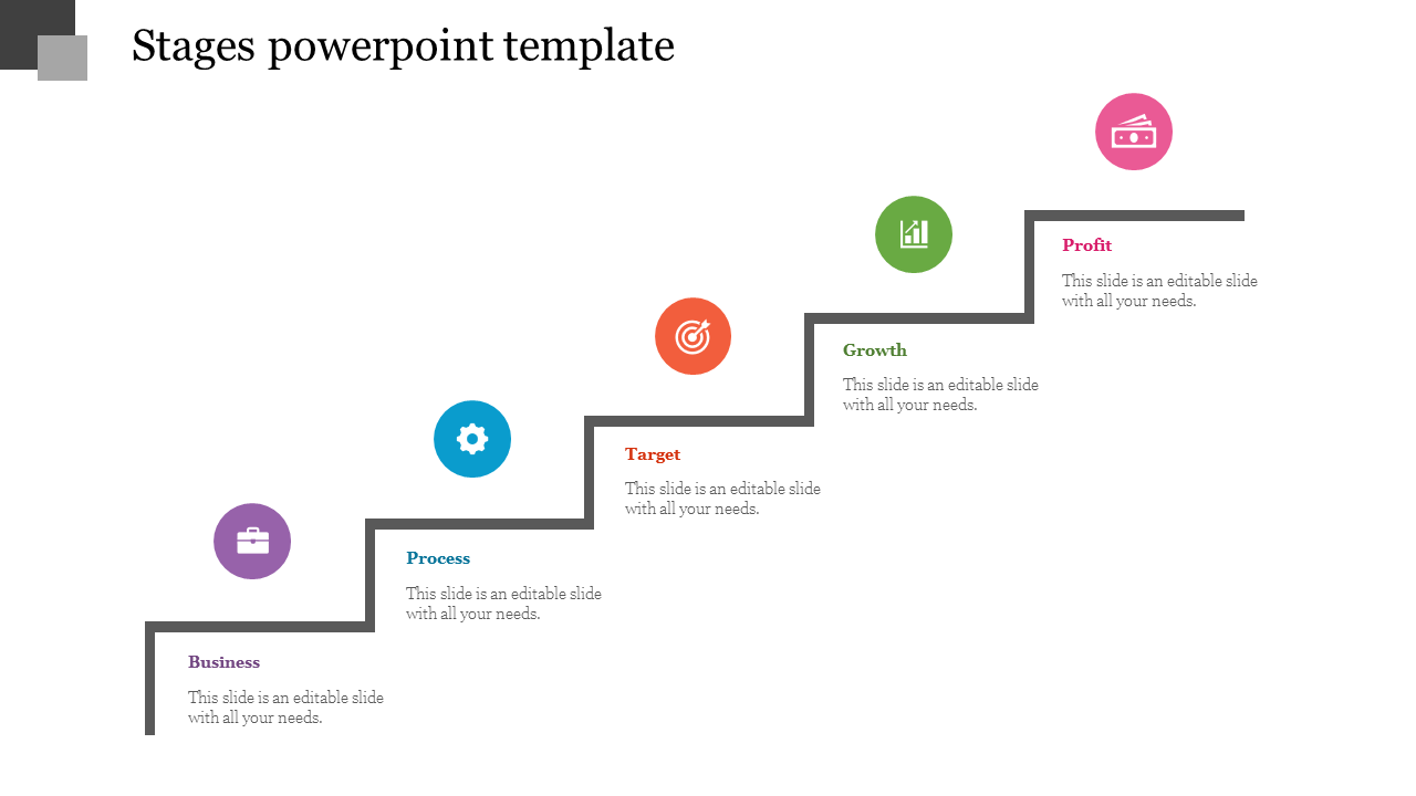 Stages PowerPoint template showing a series of steps representing Business, Process, Target, Growth, and Profit with icons.