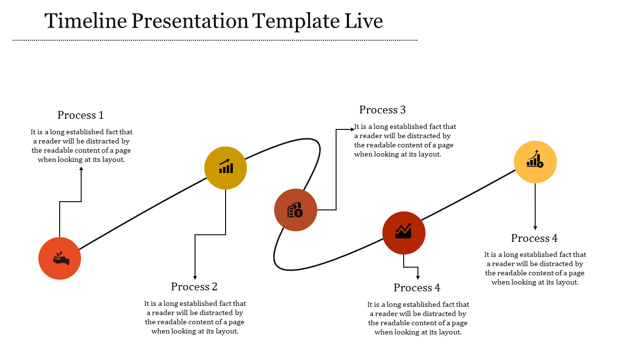 Timeline PowerPoint slide with four stages of processes, each with icons and four processes and placeholder text.