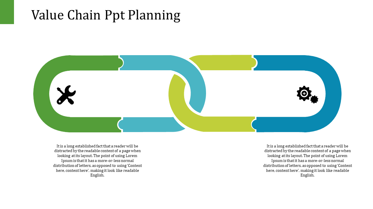 Two colorful chain links connected, representing value chain planning with icons along with placeholder text.