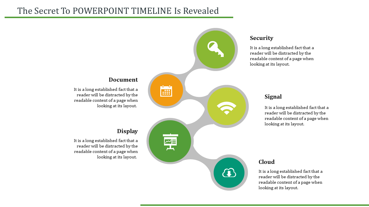 PowerPoint slide displaying a timeline with icons for document, display, security, cloud, and signal with placeholder text.