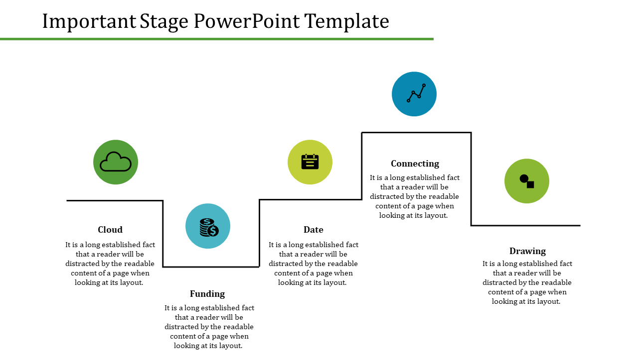 Five-step stage diagram with connected sections labeled cloud, funding, date, connecting, and drawing.