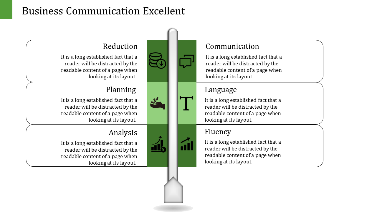 Business communication diagram with a vertical arrow dividing six sections, each labeled iwth icons and caption areas.