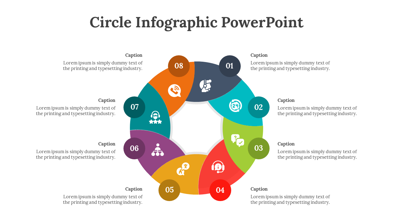 Circular infographic with eight multicolored segments, each featuring unique icons and captions, arranged in a loop layout.