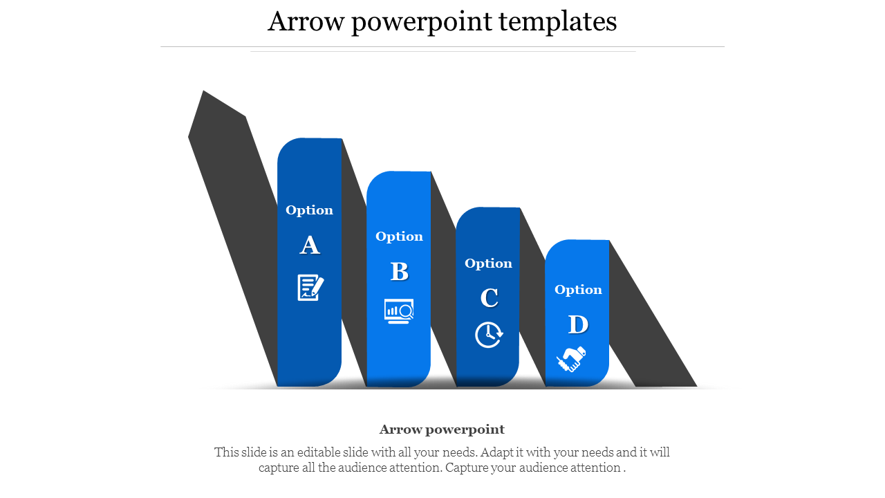 Four staggered blue columns with white icons and labels A to D, aligned in a stair step layout with dark shadows.