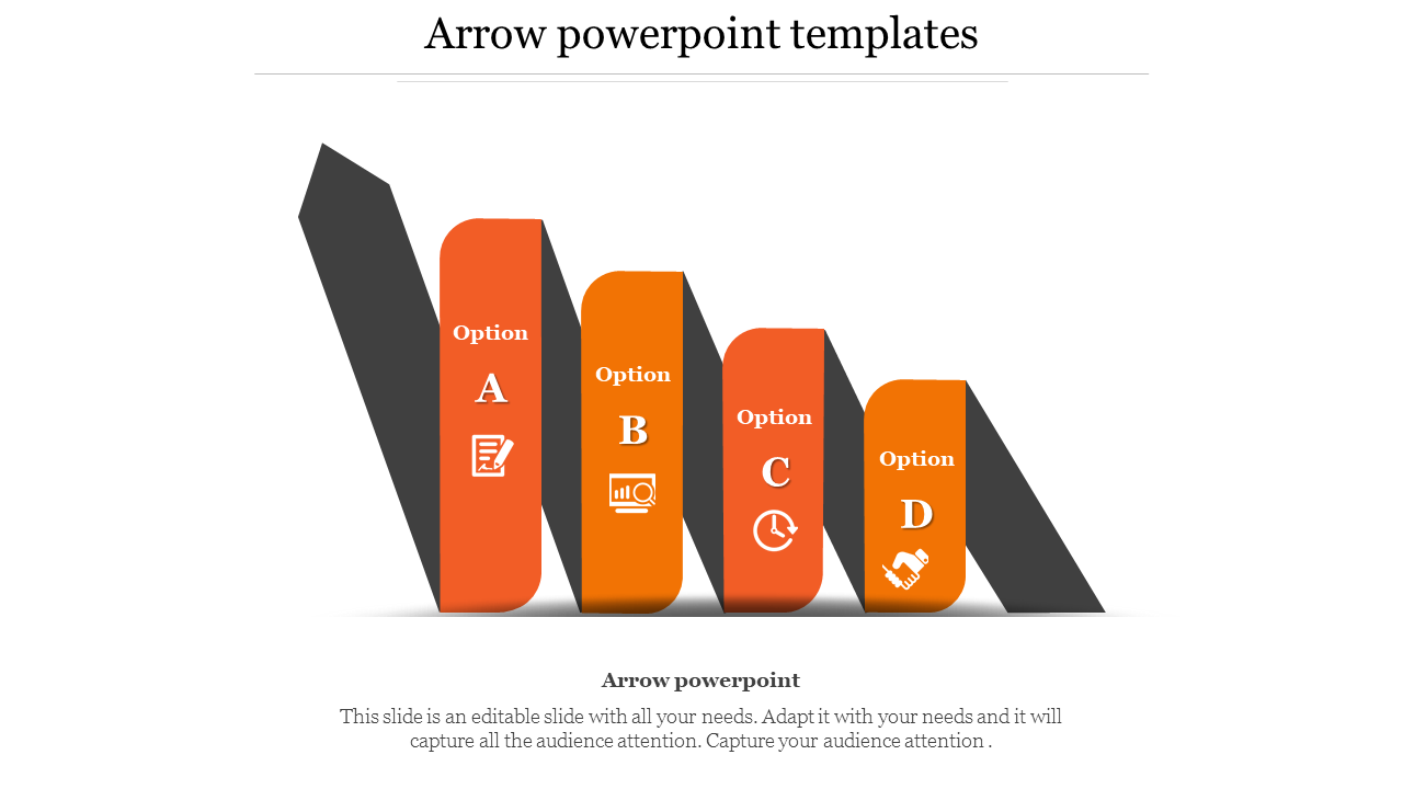 Four orange columns in zigzag arrangement, labeled with options A to D and icons, on a gray arrow backdrop.