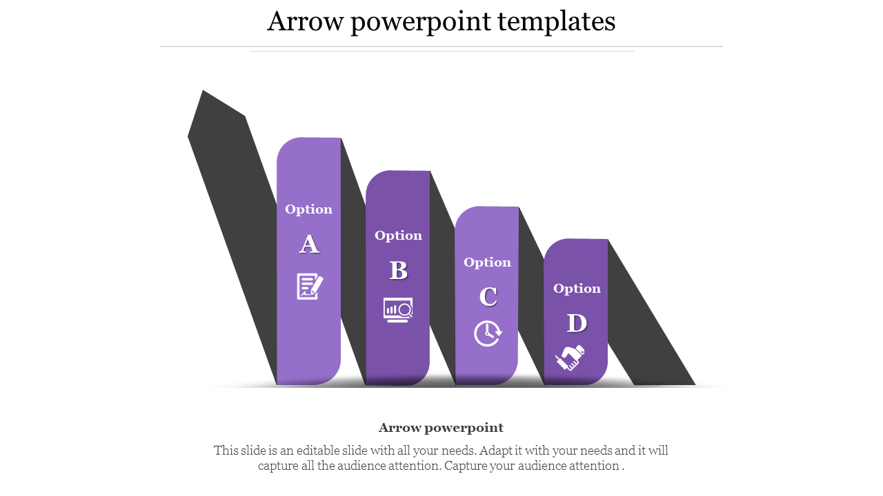 Purple arrow shaped blocks labeled with options, arranged in a zig zag pattern with corresponding icons.