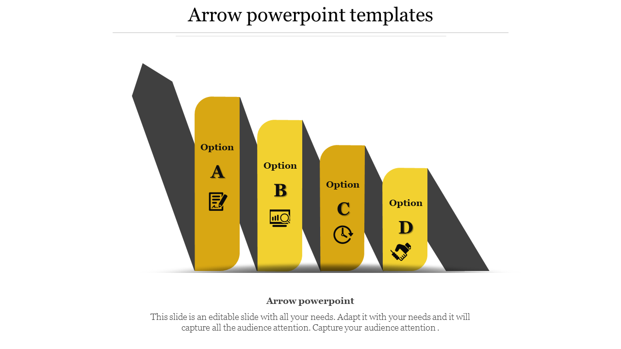 Four descending yellow blocks labeled A to D with icons, creating a staircase effect with dark gray shadows.