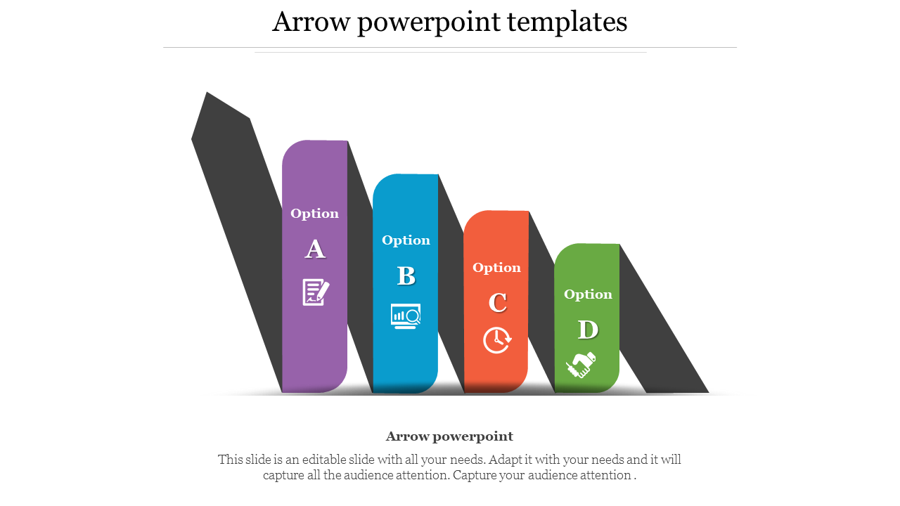 Four vertical 3D arrows labeled Option A, B, C, and D in purple, blue, orange, and green, aligned in height.